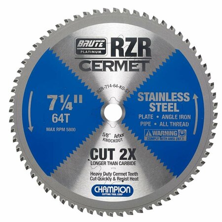 BRUTE PLATINUM 7-1/4in Brute RZR Cermet Tipped Circular Saw Blades for Stainless Steel, 64 Teeth, 5/8in KO Arbor CHA RZR-714-64-KO-ST